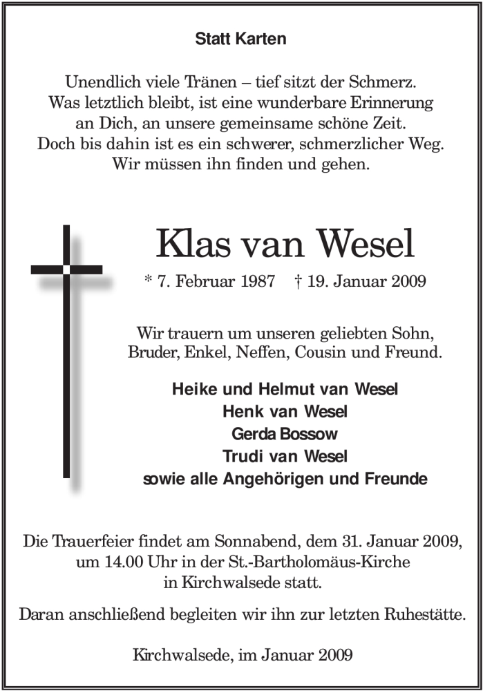  Traueranzeige für Klas van Wesel vom 24.01.2009 aus KREISZEITUNG SYKE
