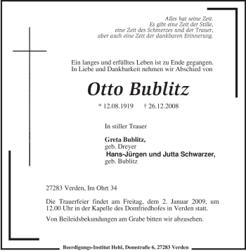 Traueranzeige von Otto Bublitz von KREISZEITUNG SYKE