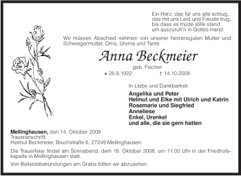 Traueranzeige von Anna Beckmeier von KREISZEITUNG SYKE