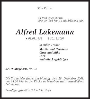 Traueranzeige von Alfred Lakemann von KREISZEITUNG SYKE