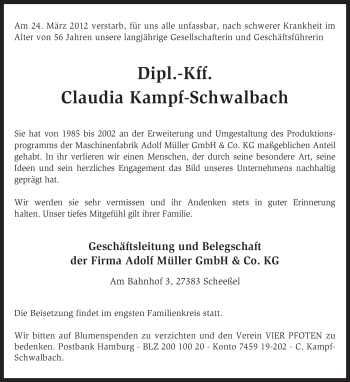 Traueranzeige von Claudia Kampf-Schwalbach von KREISZEITUNG SYKE