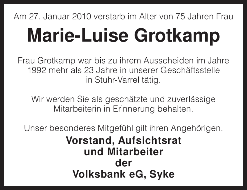  Traueranzeige für Marie-Luise Grotkamp vom 03.02.2010 aus KREISZEITUNG SYKE