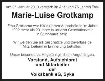 Traueranzeige von Marie-Luise Grotkamp von KREISZEITUNG SYKE