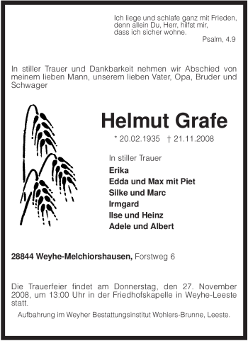 Traueranzeige von Helmut Grafe von KREISZEITUNG SYKE