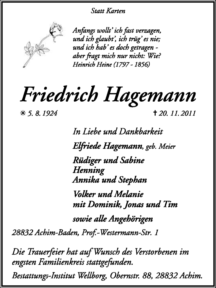  Traueranzeige für Friedrich Hagemann vom 26.11.2011 aus KREISZEITUNG SYKE