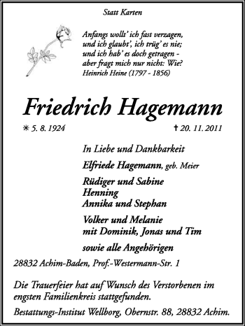 Traueranzeige von Friedrich Hagemann von KREISZEITUNG SYKE