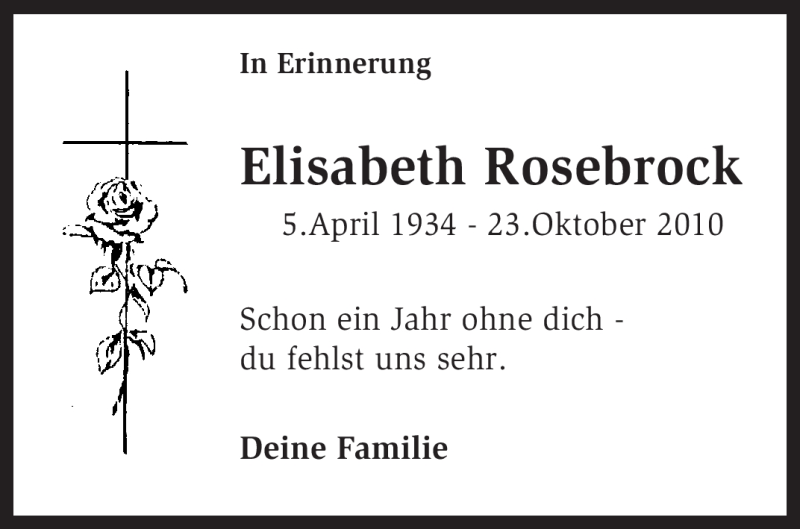  Traueranzeige für Elisabeth Rosebrock vom 24.10.2011 aus KREISZEITUNG SYKE
