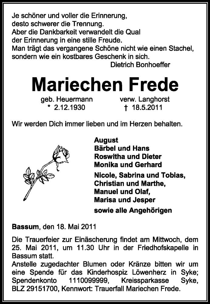  Traueranzeige für Mariechen Frede vom 20.05.2011 aus KREISZEITUNG SYKE