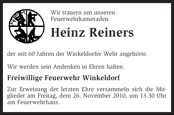 Traueranzeige von Heinz Reiners von KREISZEITUNG SYKE