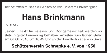 Traueranzeige von Hans Brinkmann von KREISZEITUNG SYKE