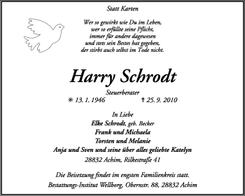 Traueranzeige von Harry Schrodt von KREISZEITUNG SYKE