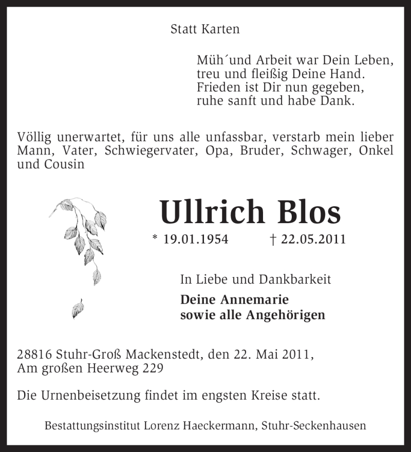  Traueranzeige für Ullrich Blos vom 23.05.2011 aus KREISZEITUNG SYKE