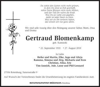 Traueranzeige von Gertraud Blomenkamp von KREISZEITUNG SYKE
