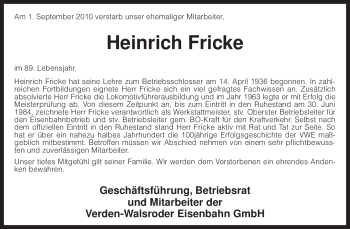 Traueranzeige von Heinrich Fricke von KREISZEITUNG SYKE