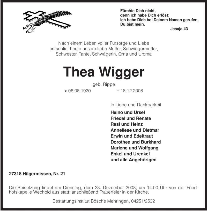  Traueranzeige für Thea Wigger vom 19.12.2008 aus KREISZEITUNG SYKE