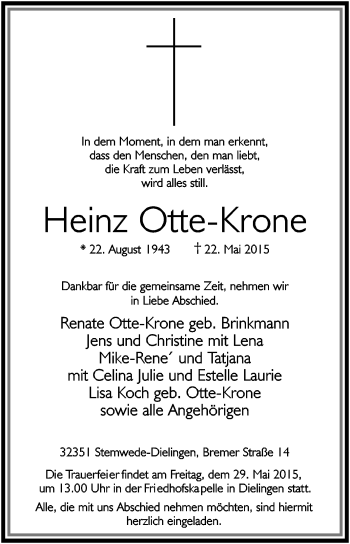 Traueranzeige von Heinz Otte-Krone von KRZ