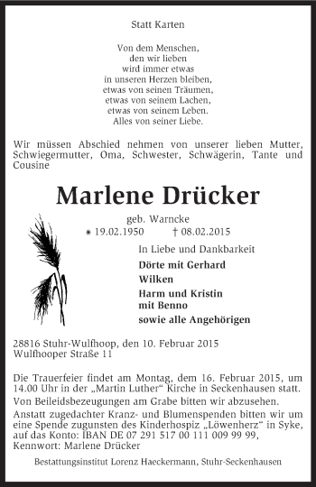 Traueranzeige von Marlene Drücker von KRZ