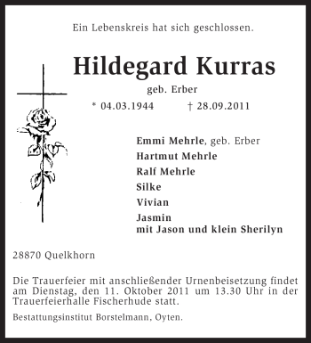 Traueranzeige von Hildegard Kurras von KREISZEITUNG SYKE