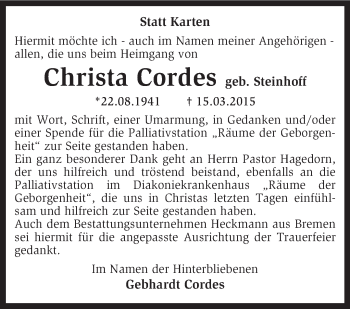 Traueranzeige von Christa Cordes von KRZ