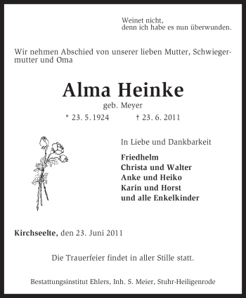 Traueranzeige von Alma Heinke von KREISZEITUNG SYKE