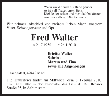 Traueranzeige von Fred Walter von KREISZEITUNG SYKE