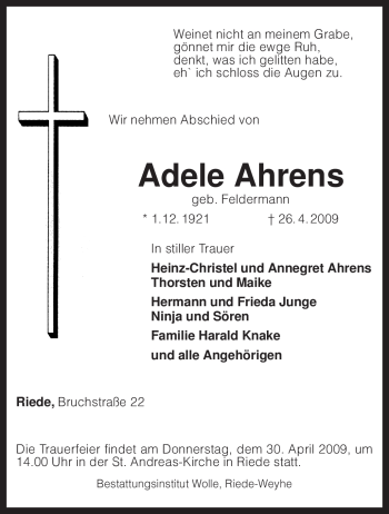 Traueranzeige von Adele Ahrens von KREISZEITUNG SYKE