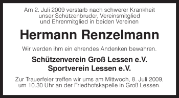 Traueranzeige von Hermann Renzelmann von KREISZEITUNG SYKE