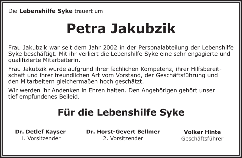  Traueranzeige für Petra Jakubzik vom 20.03.2010 aus KREISZEITUNG SYKE