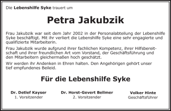 Traueranzeige von Petra Jakubzik von KREISZEITUNG SYKE