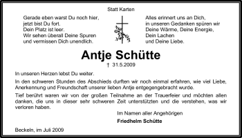 Traueranzeige von Antje Schütte von KREISZEITUNG SYKE