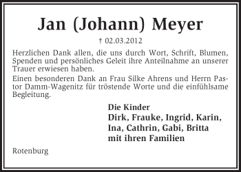 Traueranzeige von Jan Meyer von KREISZEITUNG SYKE