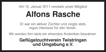 Traueranzeige von Alfons Rasche von KREISZEITUNG SYKE