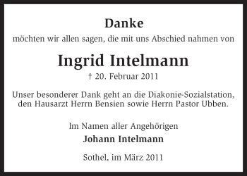 Traueranzeige von Ingrid Intelmann von KREISZEITUNG SYKE