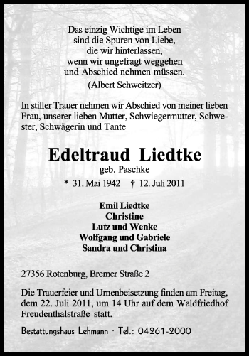 Traueranzeige von Edeltraud Liedtke von KREISZEITUNG SYKE