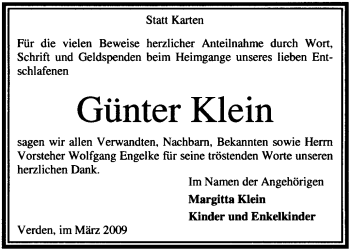 Traueranzeige von Günter Klein von KREISZEITUNG SYKE