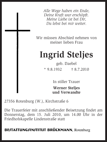 Traueranzeige von Ingrid Steljes von KREISZEITUNG SYKE