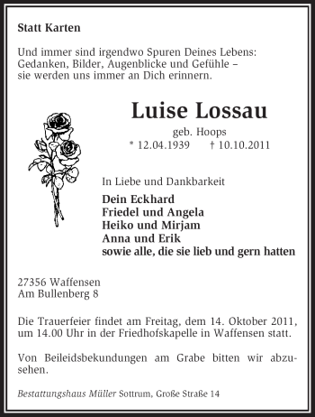 Traueranzeige von Luise Lossau von KREISZEITUNG SYKE