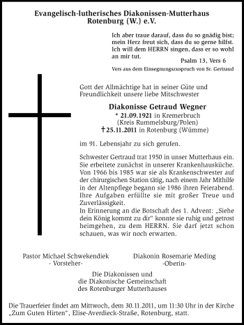 Traueranzeige von Gertraud Wegner von KREISZEITUNG SYKE