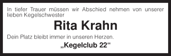 Traueranzeige von Rita Krahn von KREISZEITUNG SYKE