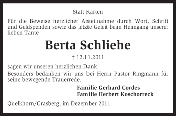 Traueranzeige von Berta Schliehe von KREISZEITUNG SYKE