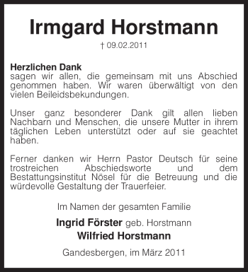 Traueranzeige von Irmgard Horstmann von KREISZEITUNG SYKE