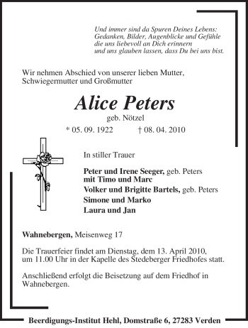 Traueranzeige von Alice Peters von KREISZEITUNG SYKE