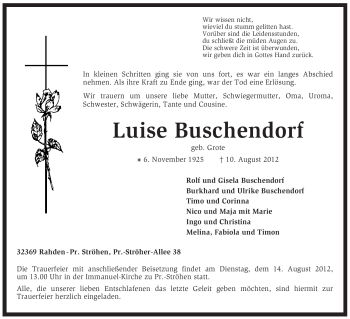 Traueranzeige von Luise Buschendorf von KREISZEITUNG SYKE