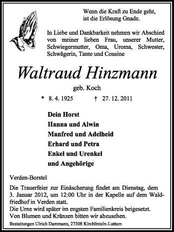 Traueranzeige von Waltraud Hinzmann von KREISZEITUNG SYKE