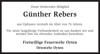 Traueranzeige von Günther Rebers von KREISZEITUNG SYKE