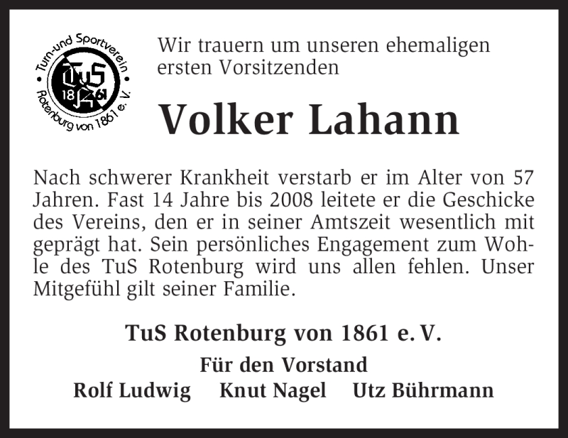  Traueranzeige für Volker Lahann vom 18.07.2009 aus KREISZEITUNG SYKE