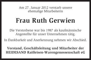 Traueranzeige von Ruth Gerwien von KREISZEITUNG SYKE