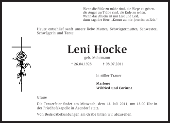 Traueranzeige von Leni Hocke von KREISZEITUNG SYKE