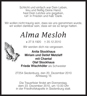 Traueranzeige von Alma Mesloh von KREISZEITUNG SYKE