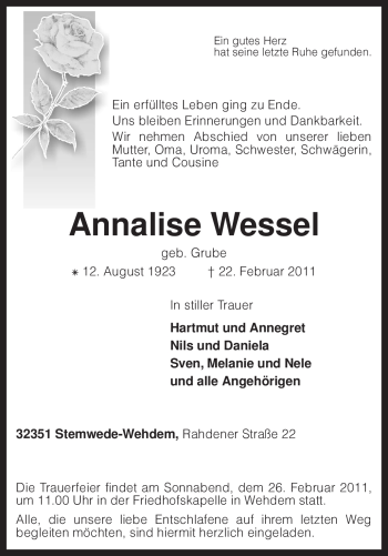 Traueranzeige von Annalise Wessel von KREISZEITUNG SYKE